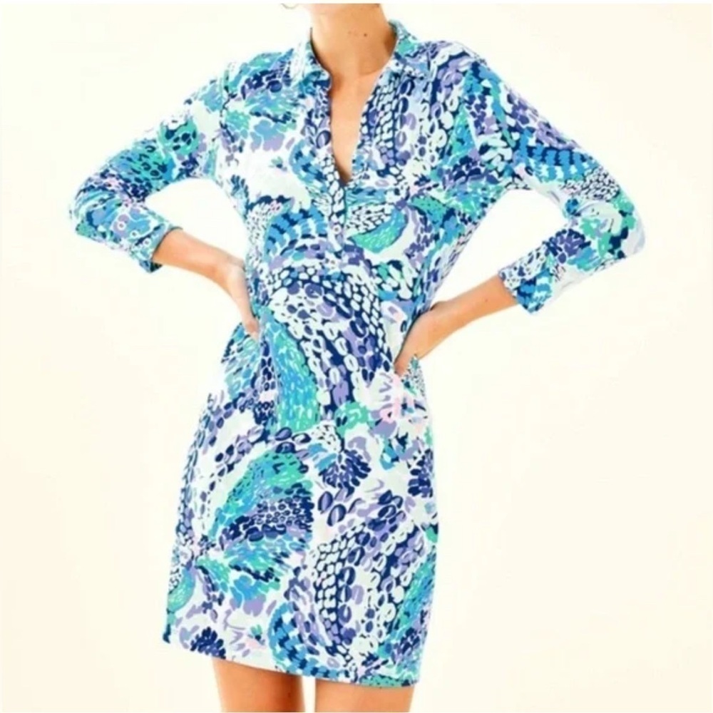 LILLY PULITZER Ansley oasis wave dress woman turquoise 50+ colorful designer XXS - Picture 1 of 13